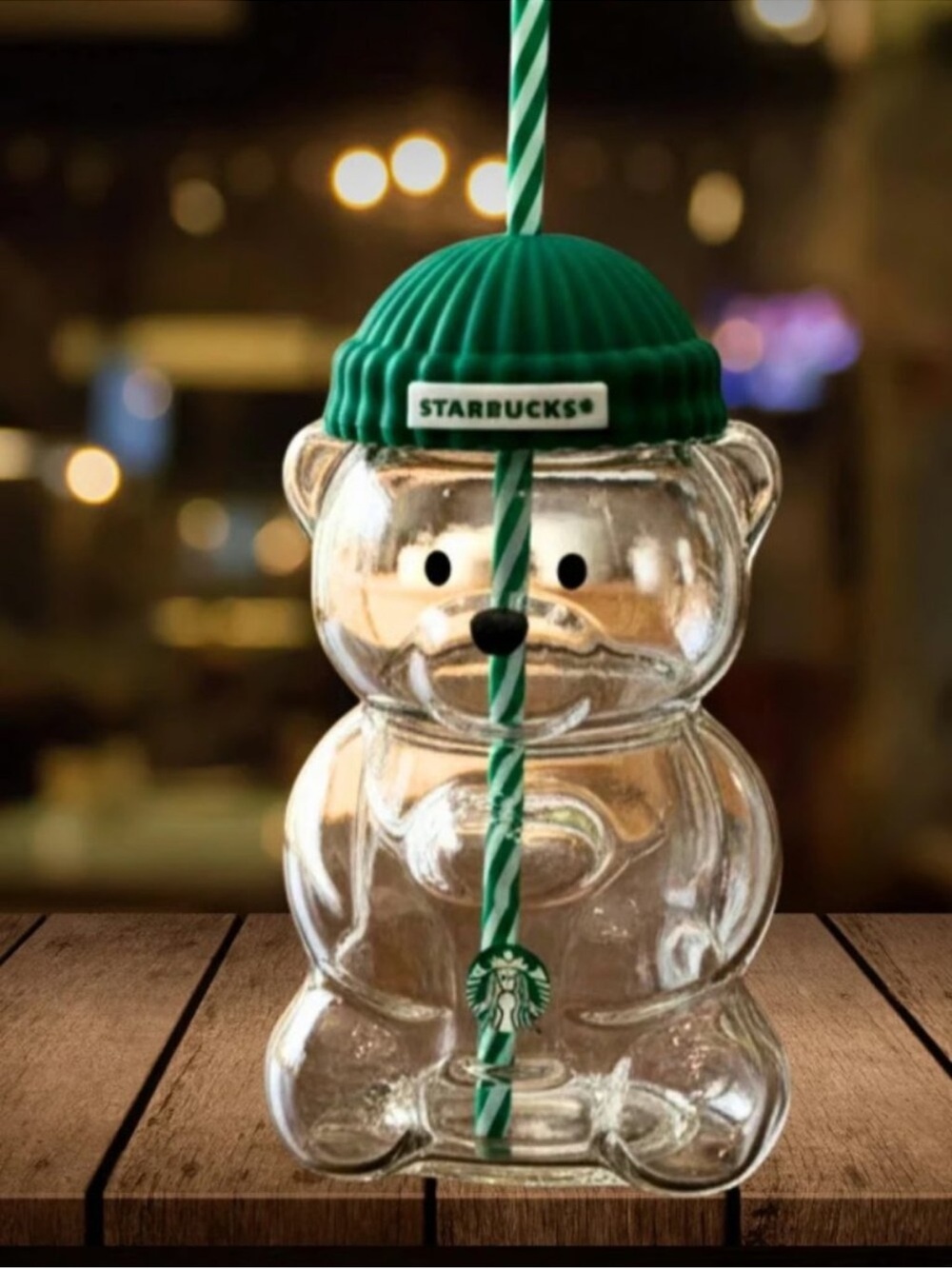 Starbucks Clear Bear Tumbler with Green Beanie Lid and Striped Straw